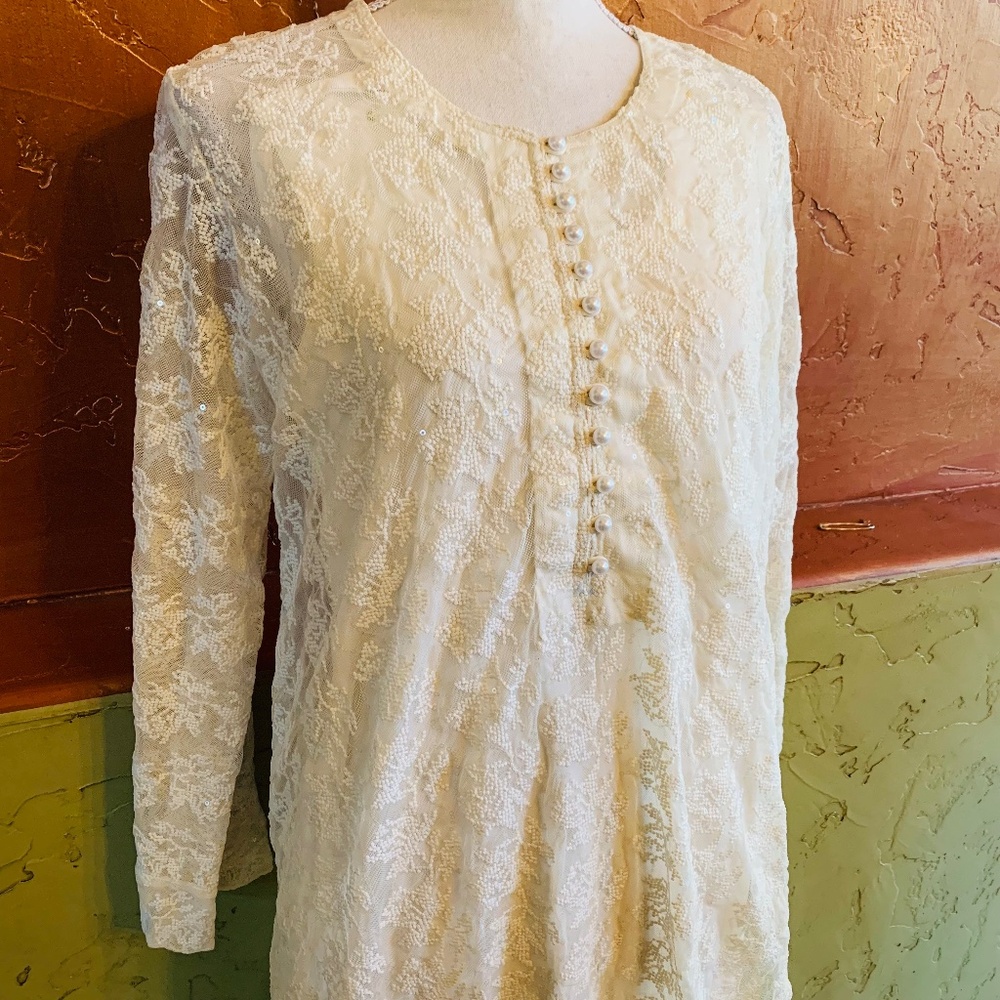 White Net Shirt With Transparent Micro Sequin And… - image 1